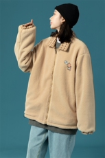 703-Y252-P115秋冬格纹毛呢拼羊羔毛双面穿小熊绣花外套，女装短外套，星座703