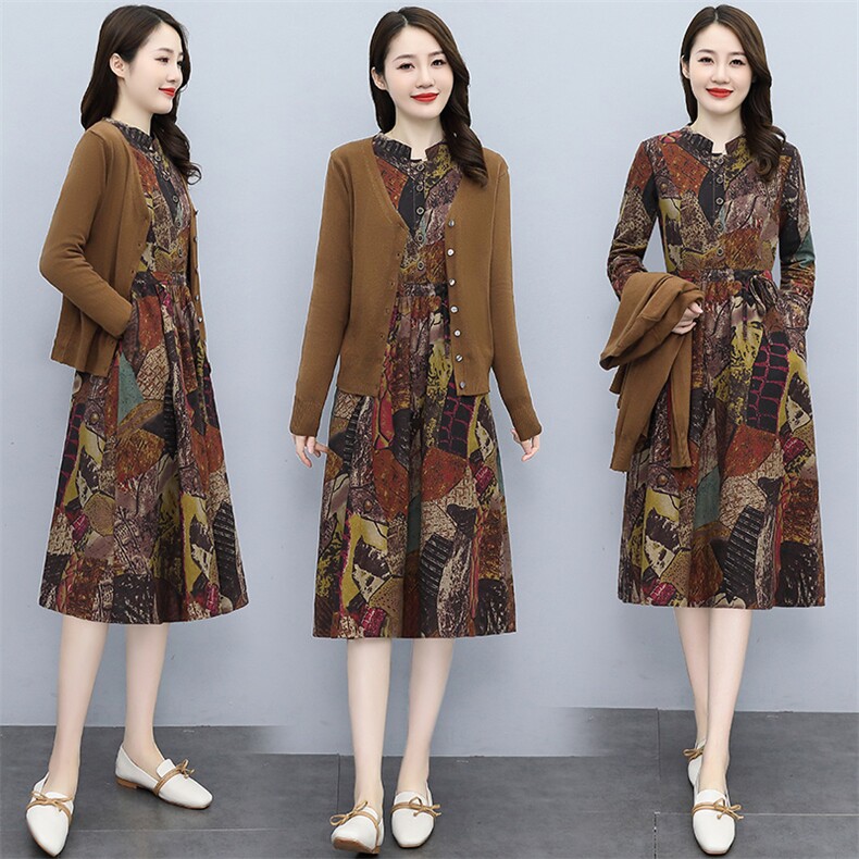 2021年秋季新款棉麻连衣裙两件套装毛衣加棉麻连衣裙子,女装连衣裙,欣贝拉