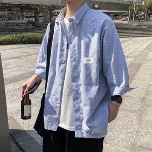 2026夏装新款条纹绣标短袖五分袖衬衫潮男衬衣 CS8090/P40 蓝色图片