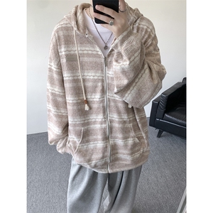 8XL-M 潮情侣美式磨毛编织条纹针织衫卫衣宽松拉链外套WY30P88图片