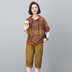 夏季冰丝休闲套装女2025新款夏装妈妈宽松洋气时尚短裤卫衣两件套，女装套装/套裙，涵誉