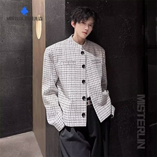 W73小香风短款垫肩格子外套男高级感痞帅飞行夹克新中式西服上衣，男装西服，星座308A-1（原309B-1）