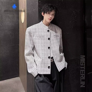 W73小香风短款垫肩格子外套男高级感痞帅飞行夹克新中式西服上衣图片