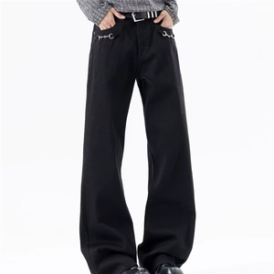 美式复古黑色微喇牛仔裤女cleanfit水洗做旧铆钉显瘦休闲裤子潮图片