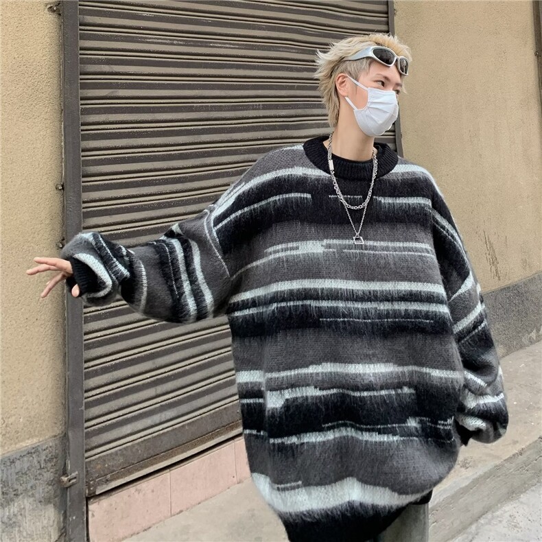复古着设计小众慵懒风绿色条纹高级感显瘦休闲毛衣男女潮春,男装针织衫/毛衣,星座716-3