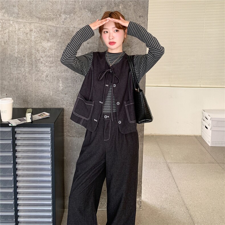 法式老钱风时尚套装女2025秋减龄巨好看马甲条纹t恤阔腿裤三件套图片