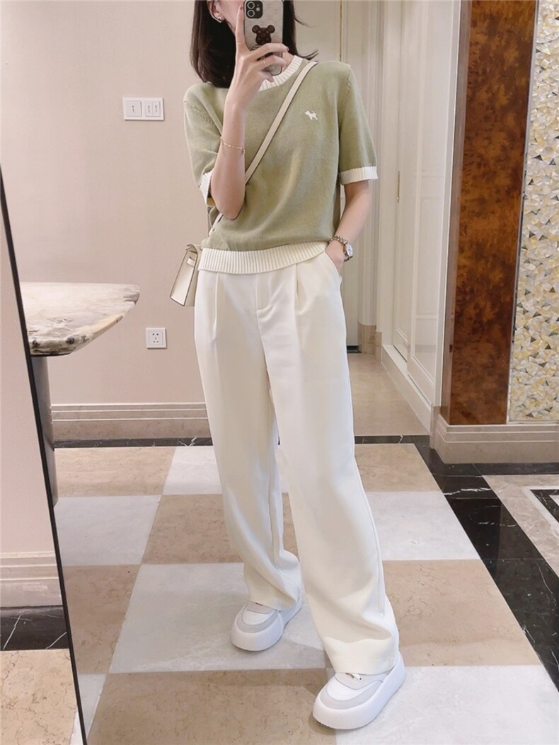 2025新款流行小个子短款针织上衣设计感小众冰丝短袖t恤女夏,女装T恤,珍珑羊绒