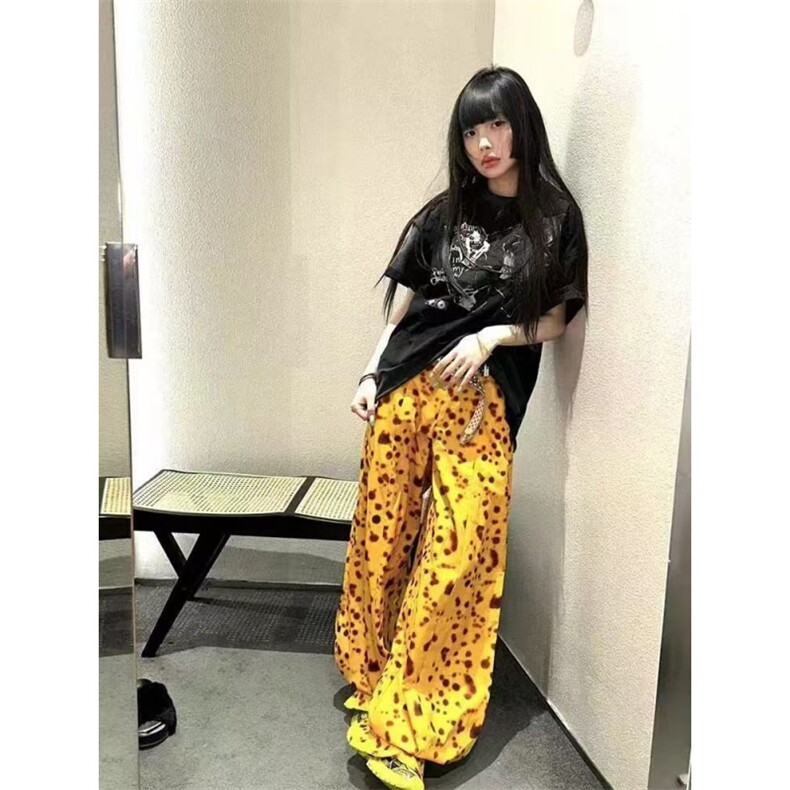 美式复古豹纹休闲裤女夏季宽松阔腿裤子小众设计直筒拖地高腰长裤，男装休闲裤，星座506A