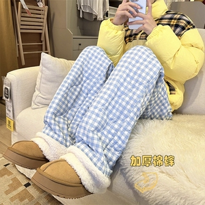 2024冬季新款内景大码格子加厚棉裤M-5XHK241063-P50,粉色皮夹克搭配图片女图片