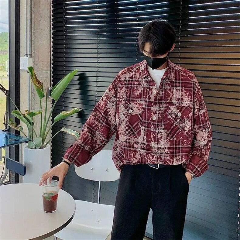 扎染格子长袖衬衫男春秋季美式高街痞帅宽松休闲衬衣 CS21图片