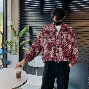 扎染格子长袖衬衫男春秋季美式高街痞帅宽松休闲衬衣 CS21图片