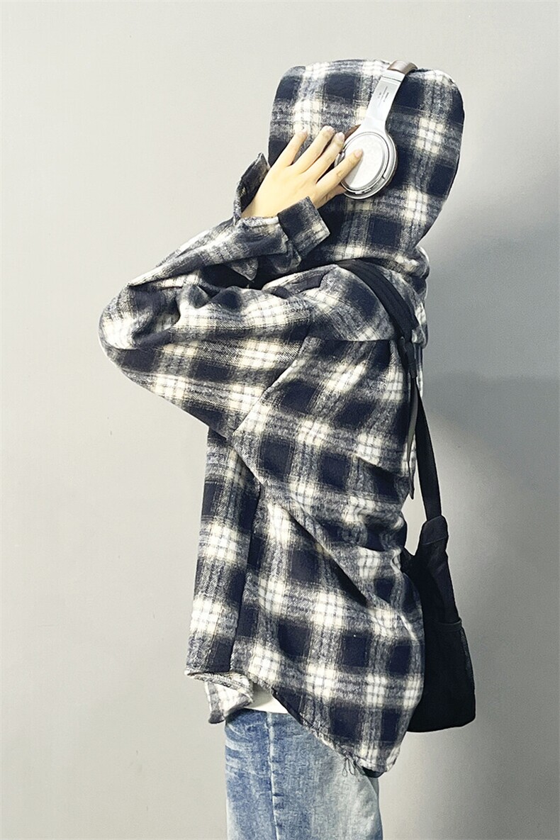 2025新款连帽衬衫格子外套潮流百搭长袖上衣A086-SY6292-P50,男装夹克,电商基地A086