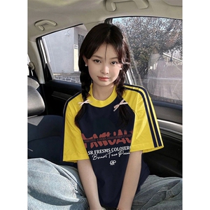 夏季美式高街重磅纯棉三条杠织带插肩撞色男女短袖T恤 CZ98-特P25图片