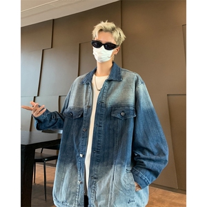 美式渐变牛仔外套男春秋季vibe潮牌痞帅宽松百搭休闲翻领夹克图片