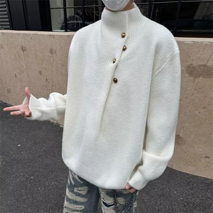韩版侧纽扣半高领毛衣男冬季休闲宽松百搭针织衫MZ825-P49图片