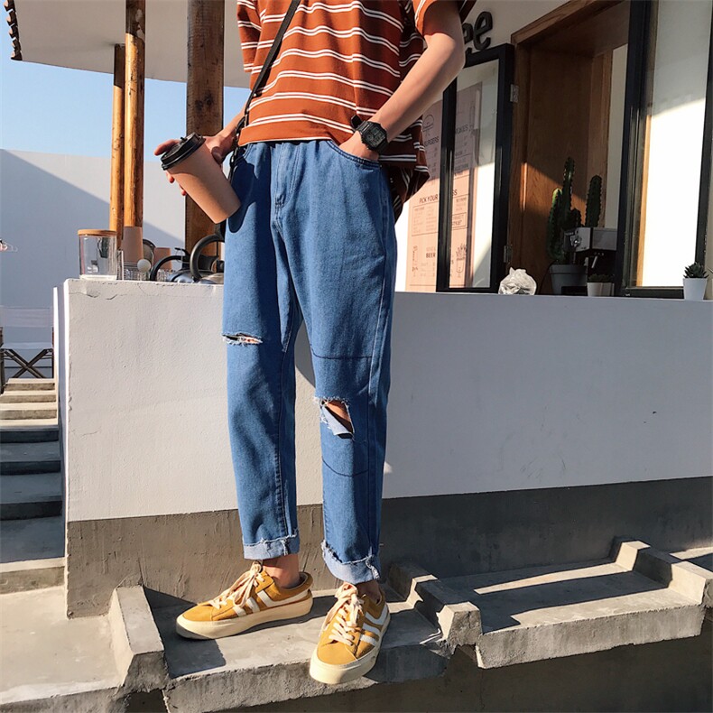 港风破洞牛仔裤男简约百搭休闲裤九分裤N/,男装牛仔裤,电商D202