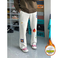 抖音得物高品质秋冬季重磅花卉刺绣潮流运动宽松加绒直筒休闲卫裤，男装休闲裤，电商A486-1