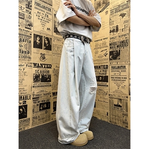 破洞牛仔裤男夏季薄款宽松直筒阔腿潮牌美式高街休闲长裤N182-P52图片