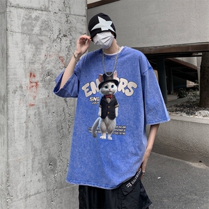 潮牌宽松短袖t恤蜡染美式复古高街水洗做旧517A-2-SX242-P38