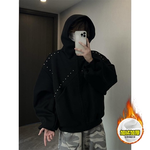 480G重磅加绒硬挺boxy 男女秋冬美式高街卫衣铆钉拼接开衫厚外套图片