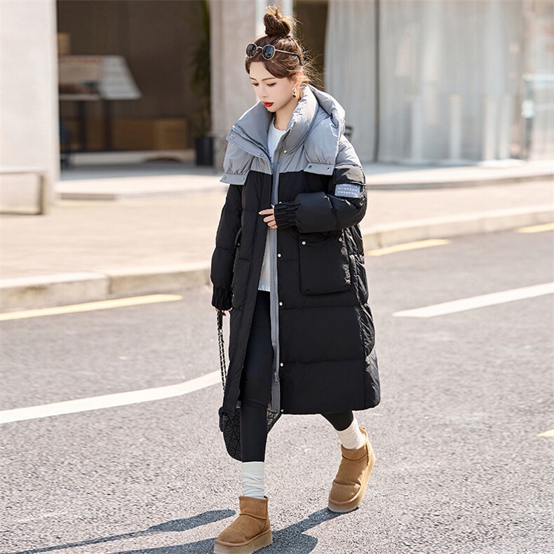 粉色连帽撞色拼接羽绒服女2024冬新款过膝中长款加厚保暖鸭绒外套,女装羽绒服,韩宇舍
