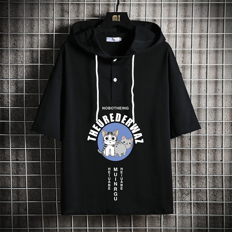 LD54160-P45 连帽短袖t恤男大码胖子带帽五分袖中袖 网格挂拍图片