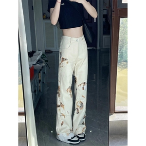 【有货】火焰蕾丝白色牛仔裤美式高街vibe微喇裤子B07LL-特P50图片