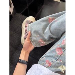 1014-1-KZ1331-P45-满印玫瑰花朵牛仔裤男款秋季美式复古裤子图片