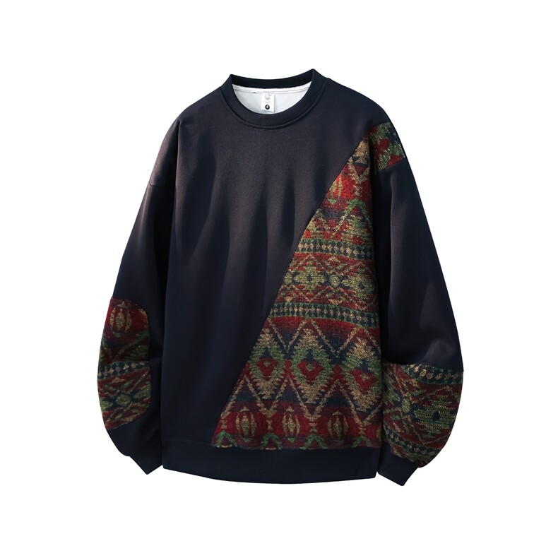 8XL-M民族风拼接卫衣大码胖子费尔岛上衣圆领复古外套WY5106/P55，男装民族服装，电商B238