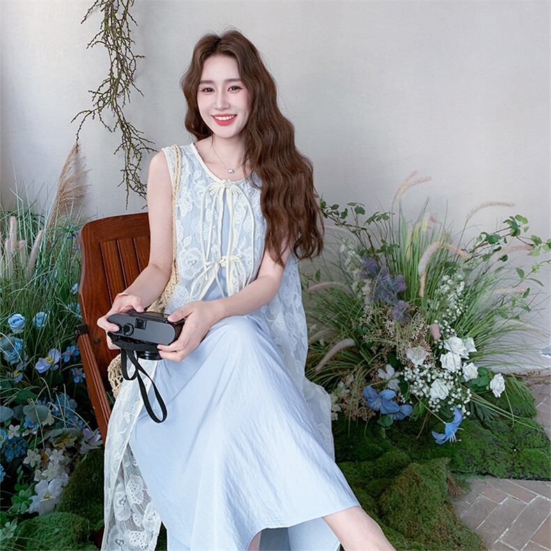蓝色蕾丝勾花罩衫连衣裙女夏2025新款两件套小清新度假风流行超火,女装连衣裙,1D066-1
