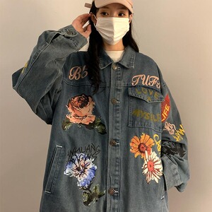 复古水洗牛仔外套男春秋潮牌花朵印花夹克宽松百搭做旧情侣款上衣图片
