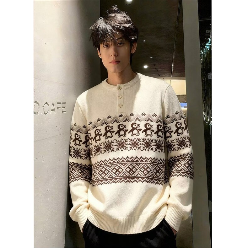 秋冬季毛衣男士圆领加绒加厚小鹿图刺绣宽松针织打底衫男装上衣,男装T恤,星座506A
