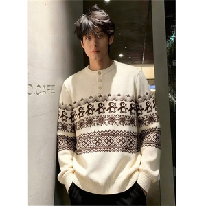 秋冬季毛衣男士圆领加绒加厚小鹿图刺绣宽松针织打底衫男装上衣