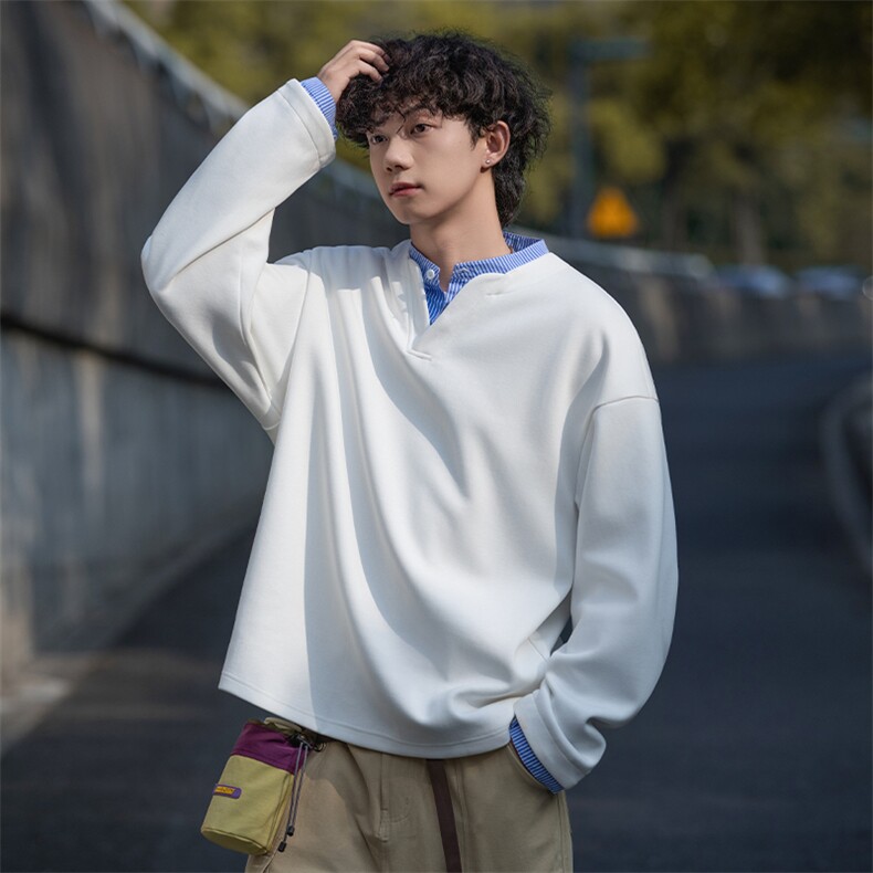 Y503-P45港风假两件小立领卫衣男落肩打底衫潮流百搭上衣外图片