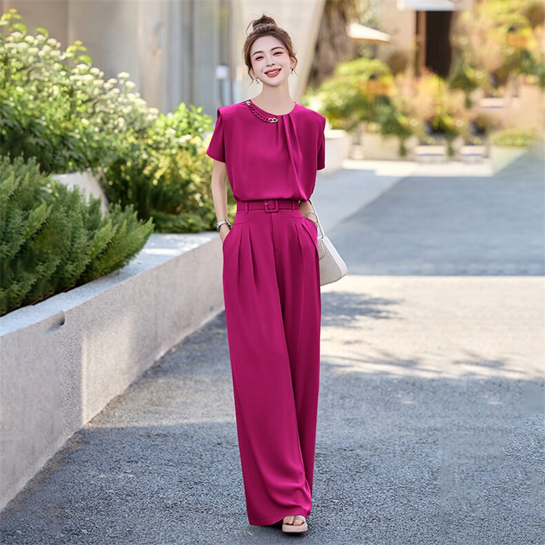 时尚减龄套装女2025夏季新款高级感短袖衬衫垂感阔腿裤西装两件套,女装套装/套裙,尚娜萱