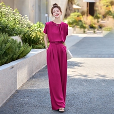 时尚减龄套装女2025夏季新款高级感短袖衬衫垂感阔腿裤西装两件套，女装套装/套裙，尚娜萱