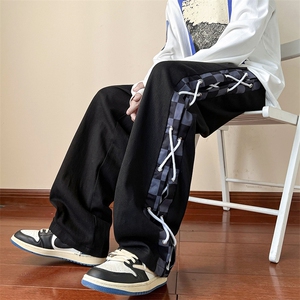 格子撞色裤子男春秋季小众编制绳设计运动阔腿裤美式高街休闲长裤图片