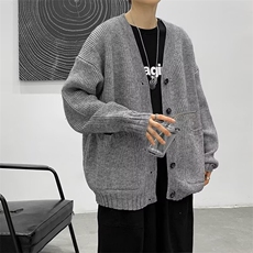 重磅慵懒风宽松开衫毛衣男日系开衫复古V领纯色针织外套M270/P52，男装针织衫/毛衣，星座506