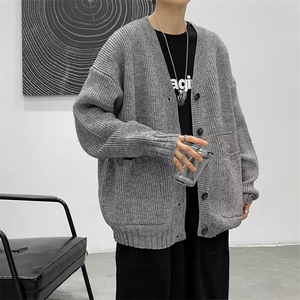 重磅慵懒风宽松开衫毛衣男日系开衫复古V领纯色针织外套M270/P52图片