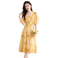 时尚印花收腰连衣裙子女装2024年夏季新款宽松荷叶袖中款碎花长裙，女装连衣裙，罗得堡