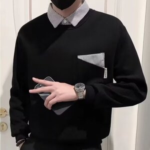 2025新款春秋款假两件卫衣男宽松潮牌衬衫领内搭打底衫男潮图片