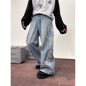 复古拼接工装牛仔裤男生宽松高街阔腿直筒长裤 1001-1-FN429-P52图片