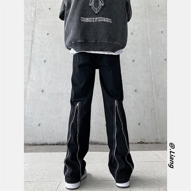 高街牛仔裤黑色拉链款直筒裤裤715-6-BX19P65（控88）图片