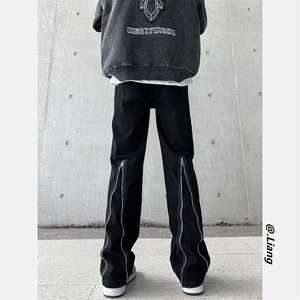 高街牛仔裤黑色拉链款直筒裤裤715-6-BX19P65（控88）图片