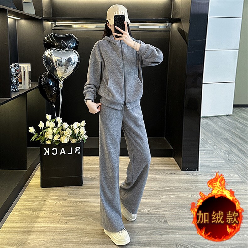 设计感纯色拼接收腰卫衣阔腿裤两件套,女装套装/套裙,江南