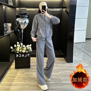 设计感纯色拼接收腰卫衣阔腿裤两件套图片