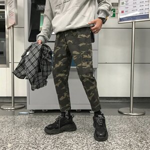 703 港风男多口袋工装休闲裤束脚长裤迷彩水洗全棉图片