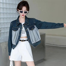 现货浪漫甜美网纱拼接牛仔外套2024春秋季新款时尚休闲短款夹克女，女装牛仔外套，美拉德工厂直营店