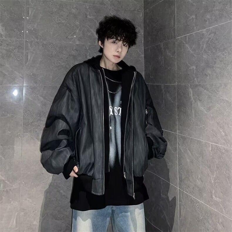纹理拉链连帽假两件皮夹克男街头宽松飞行员外套pu皮衣PH207,男装皮衣,星座1116A-1（原606A）