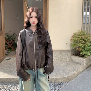 简约潮流咖色美拉德翻领皮衣外套女2025秋季日系松弛风复古pu夹克图片